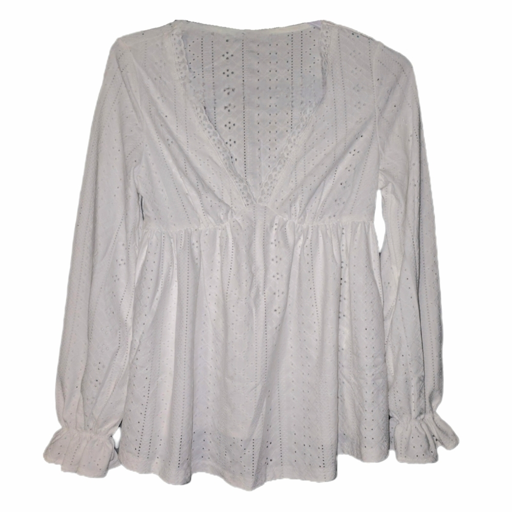 Peasant Maternity Blouse (Eyelet Fabric, Empire Waist, Gathered Sleeves) - Small